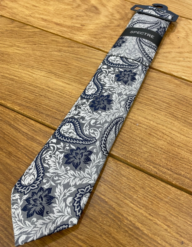 Flowers Tie & Pocket Square - Grey / Navy / Silver