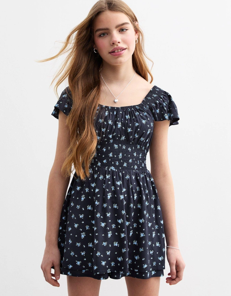 Girls Blue Ditsy Print Skort Dress