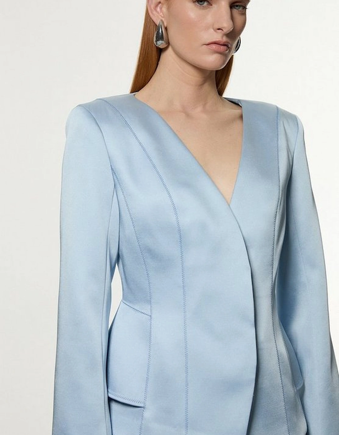 Structured Viscose Satin Stitch Detail Tailored Peplum Blazer