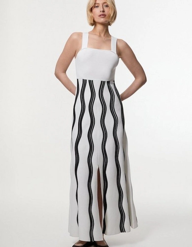 Contrast Wave Knit A-Line Strappy Dress With Fringing