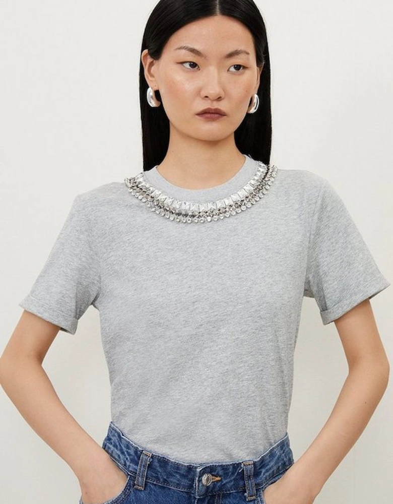 Diamante Trim Cotton T-Shirt