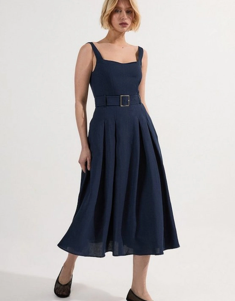 Premium Tailored Linen Belted Strappy Full Midi Dress