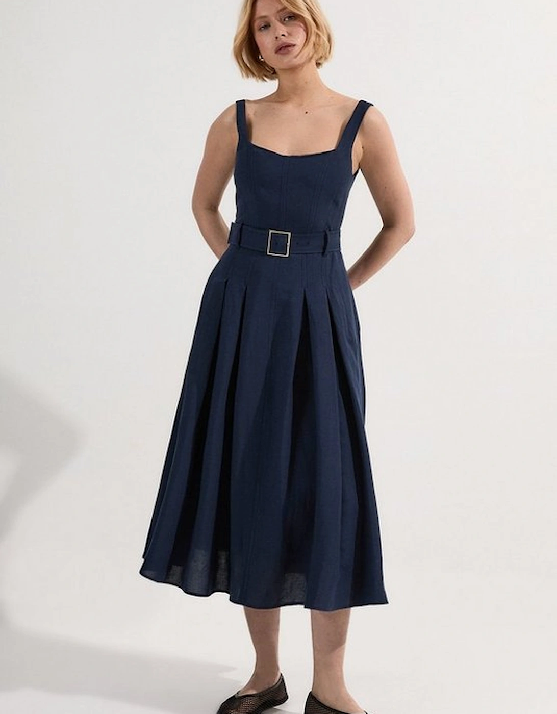 Premium Tailored Linen Belted Strappy Full Midi Dress