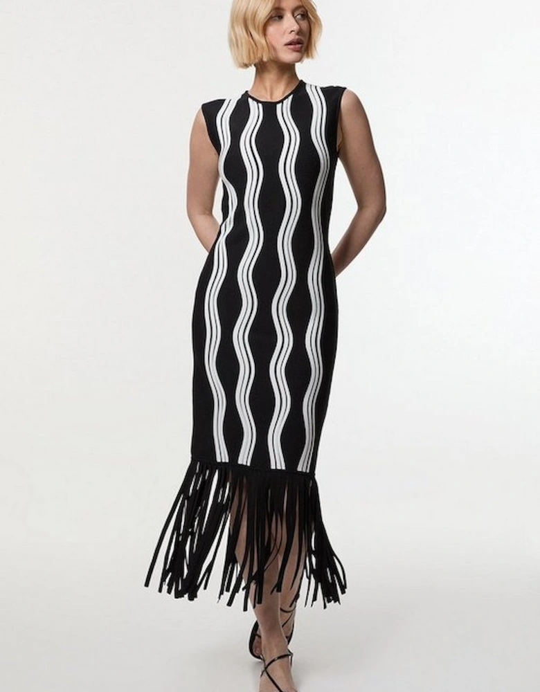 Contrast Wave Knit Dress With Fringing