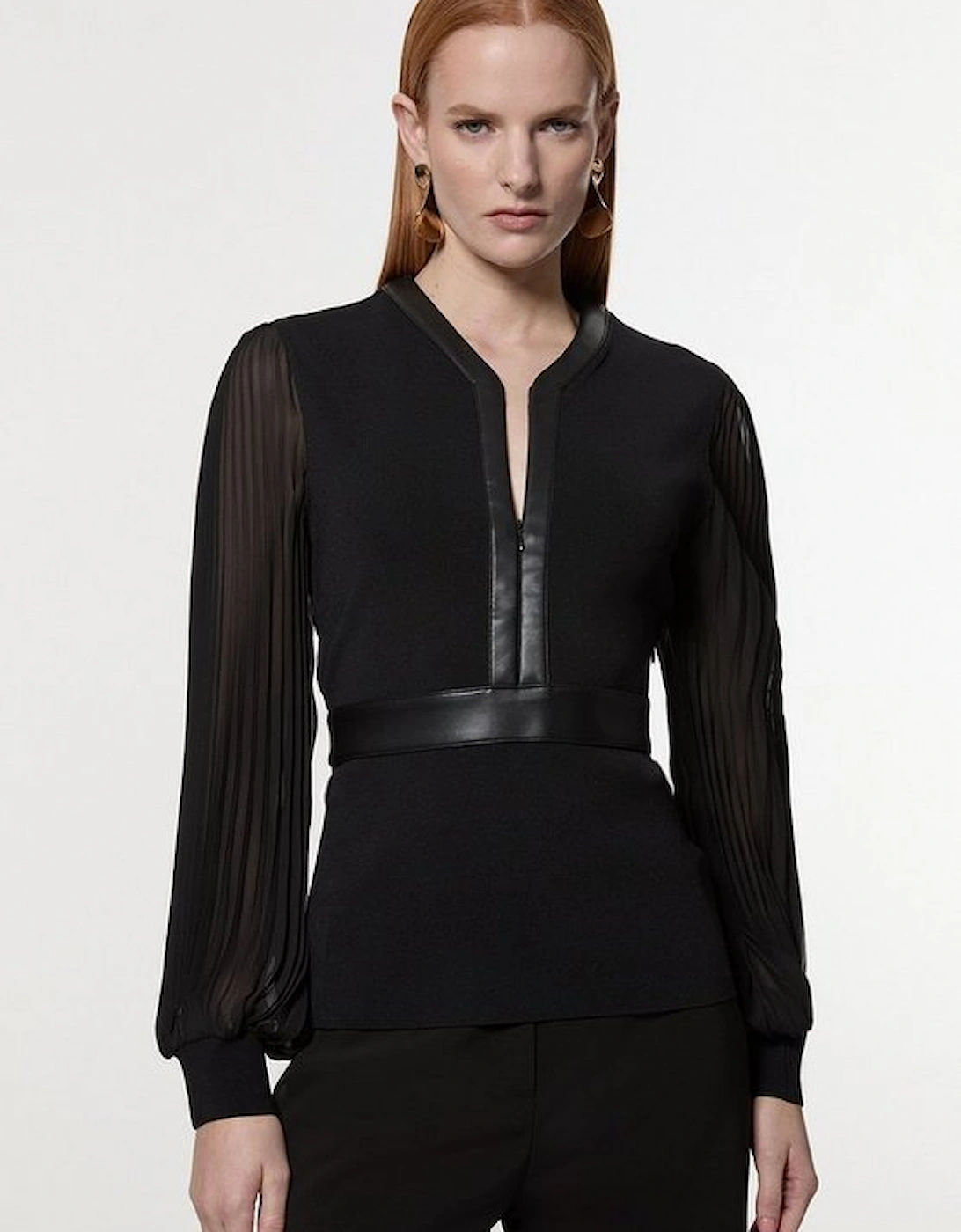 Woven Sleeved Pleated Top With Pu, 5 of 4