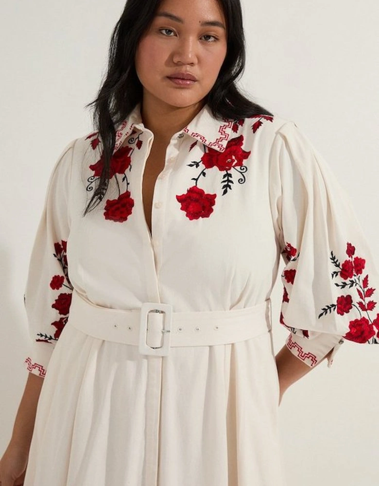 Plus Size Rose Embroidered Cotton Twill Woven Shirt Dress With Eyelets