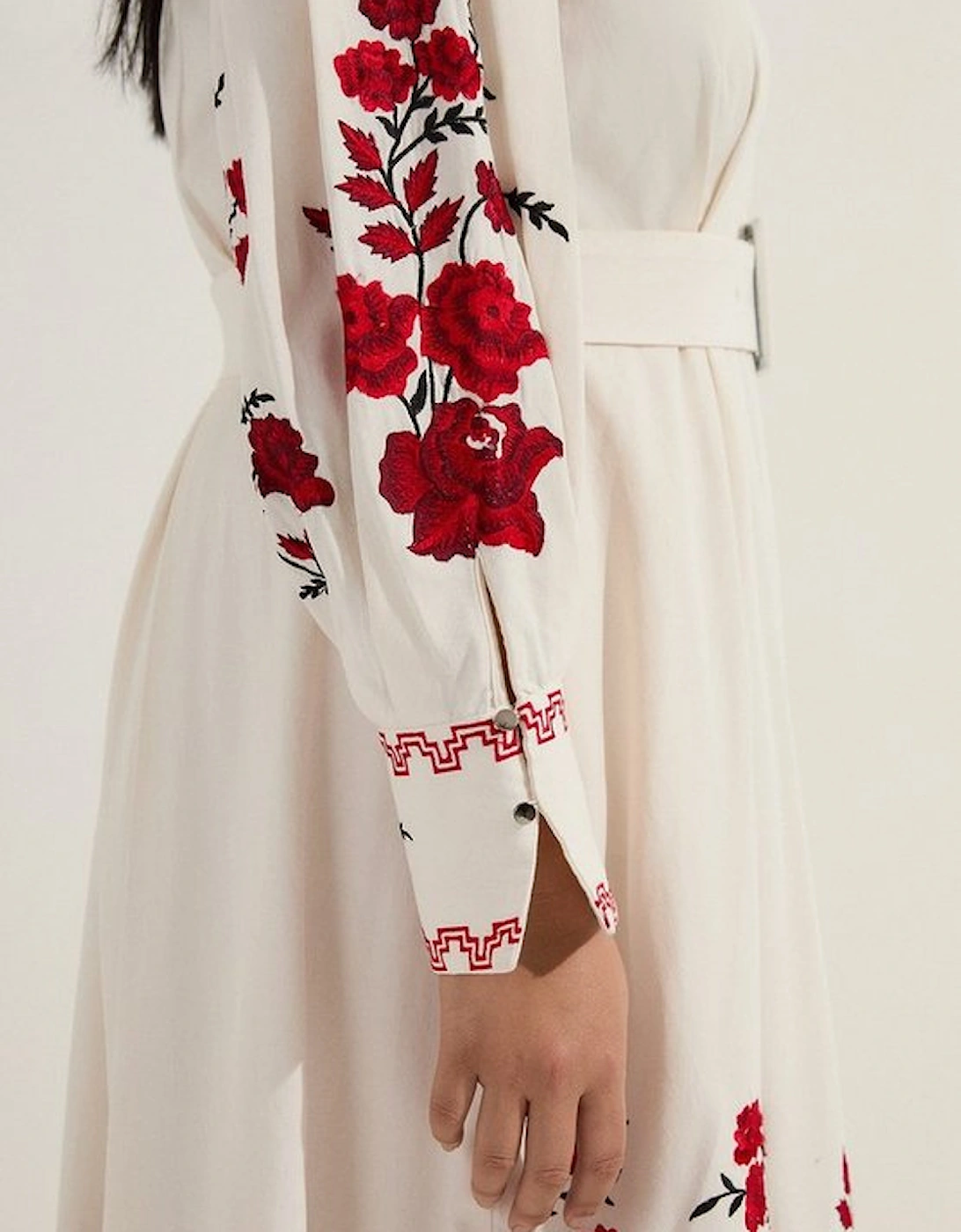 Plus Size Rose Embroidered Cotton Twill Woven Shirt Dress With Eyelets