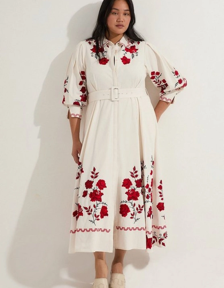 Plus Size Rose Embroidered Cotton Twill Woven Shirt Dress With Eyelets