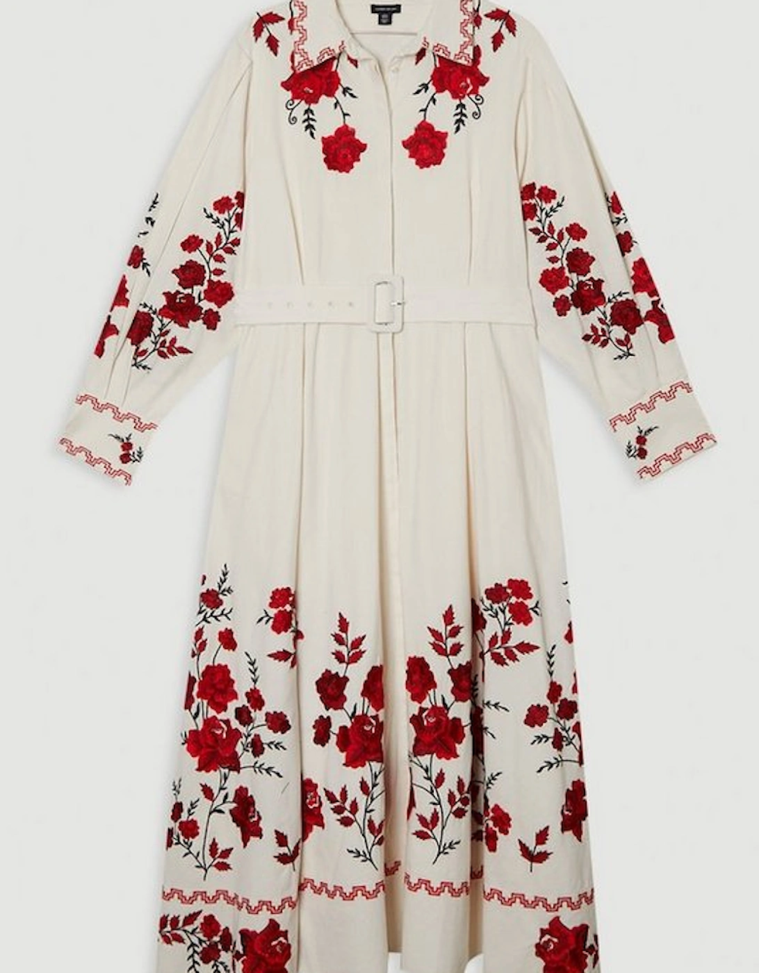 Plus Size Rose Embroidered Cotton Twill Woven Shirt Dress With Eyelets