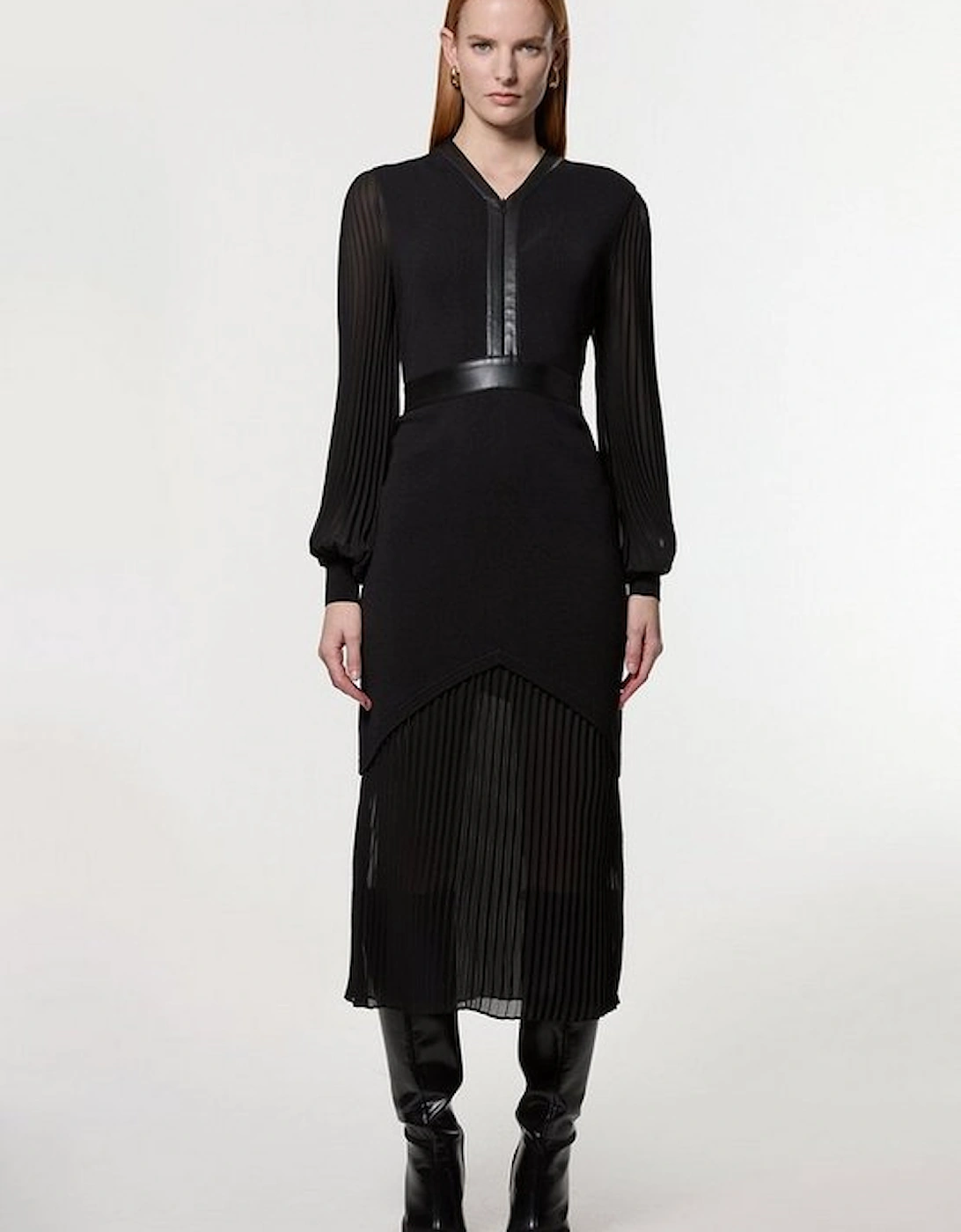 Woven Sleeved Pleated Dress With Pu, 5 of 4