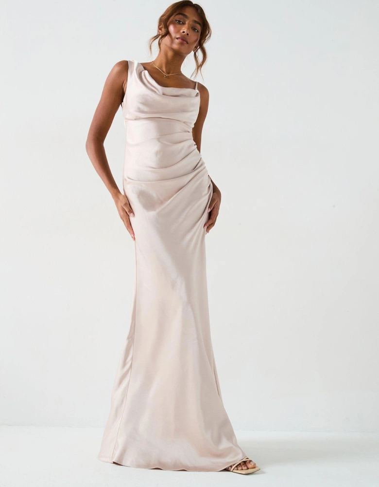 Cowl Front Asymmetrical Satin Bridesmaid Dress  - Oyster