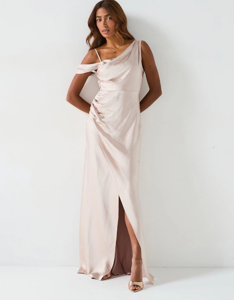 Asymmetrical Bardot Strap Satin Bridesmaid Dress - Cream