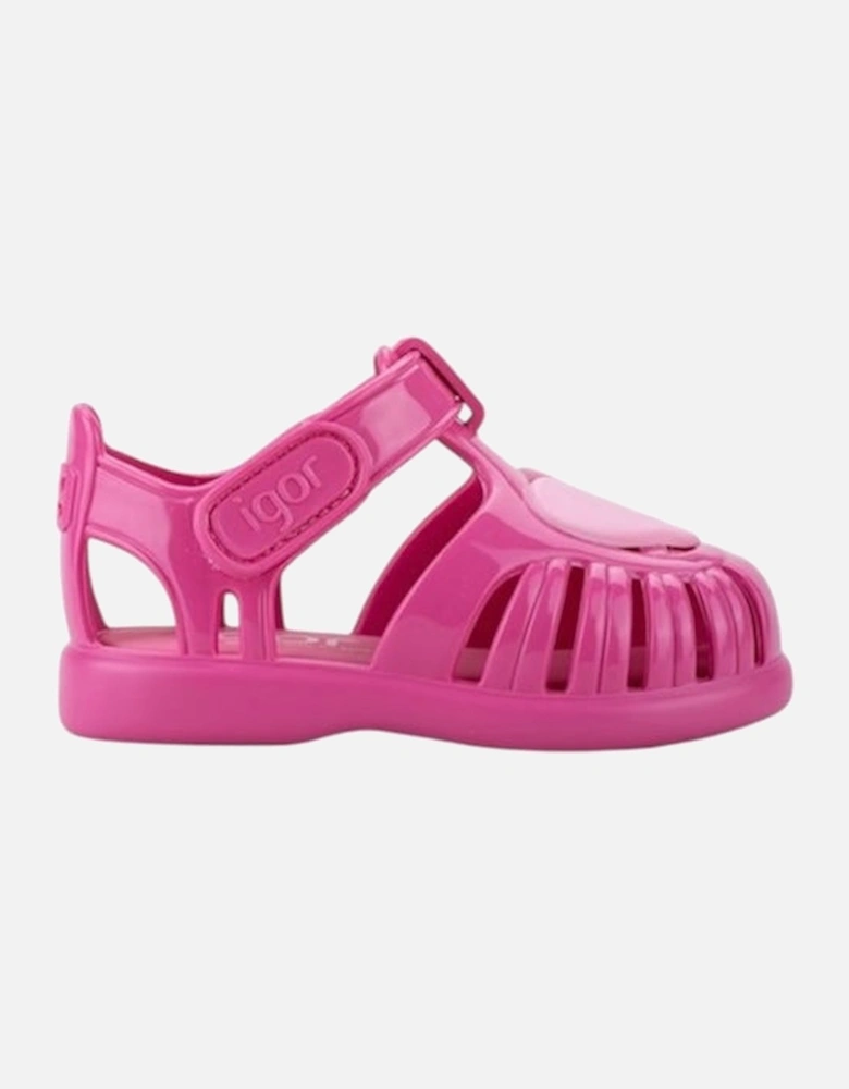 Girls Fuchsia Heart Velcro Strap Tobby Sandals