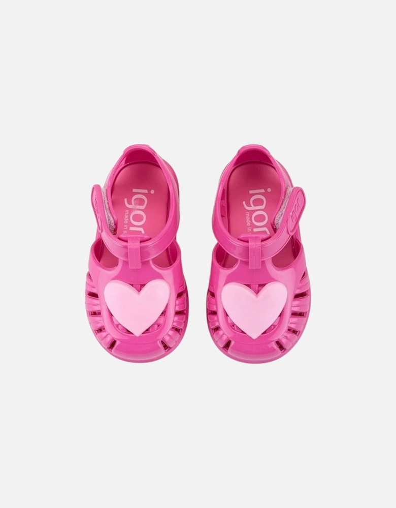 Girls Fuchsia Heart Velcro Strap Tobby Sandals