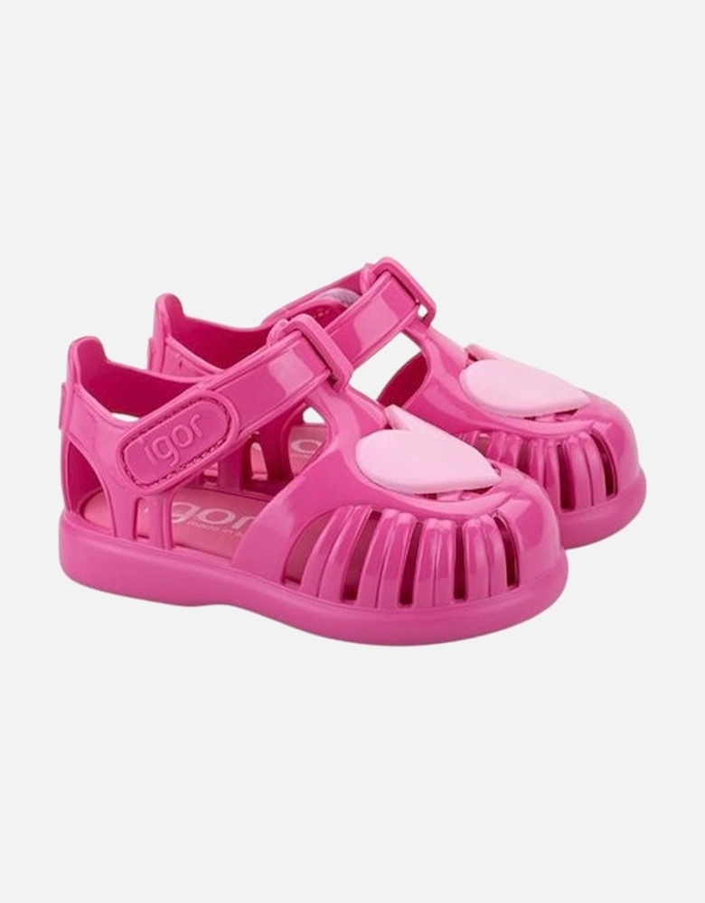 Girls Fuchsia Heart Velcro Strap Tobby Sandals