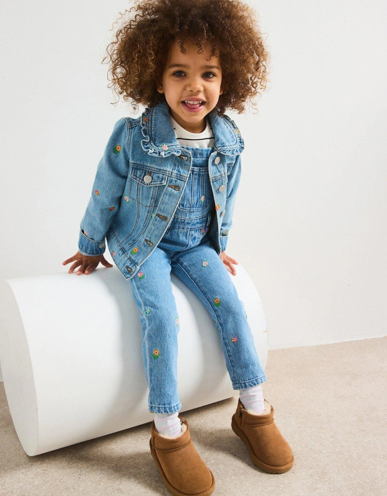 Girls Floral Embroidered Denim Jacket - Blue