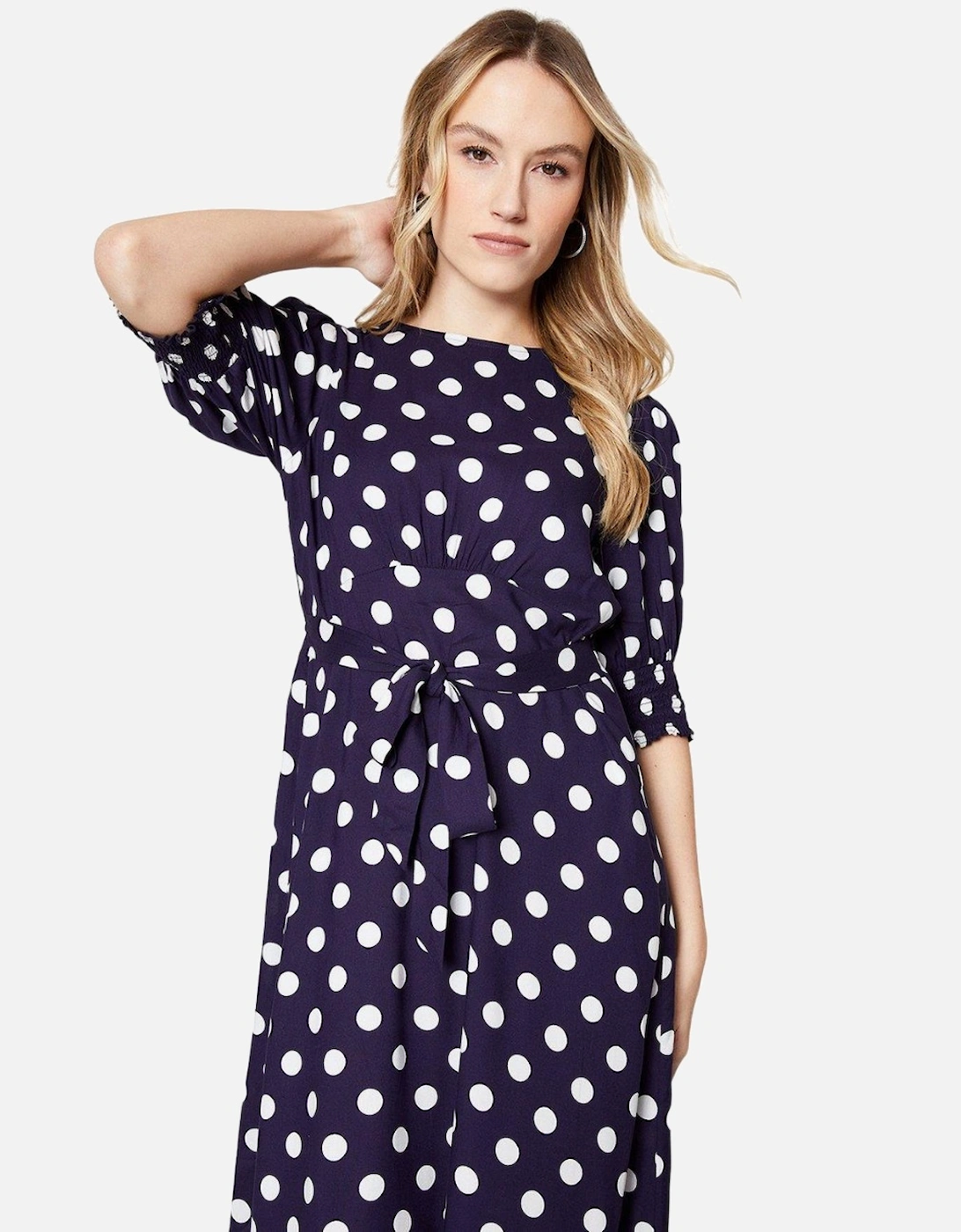 Womens/Ladies Polka Dot Shirred Cuff Midi Dress