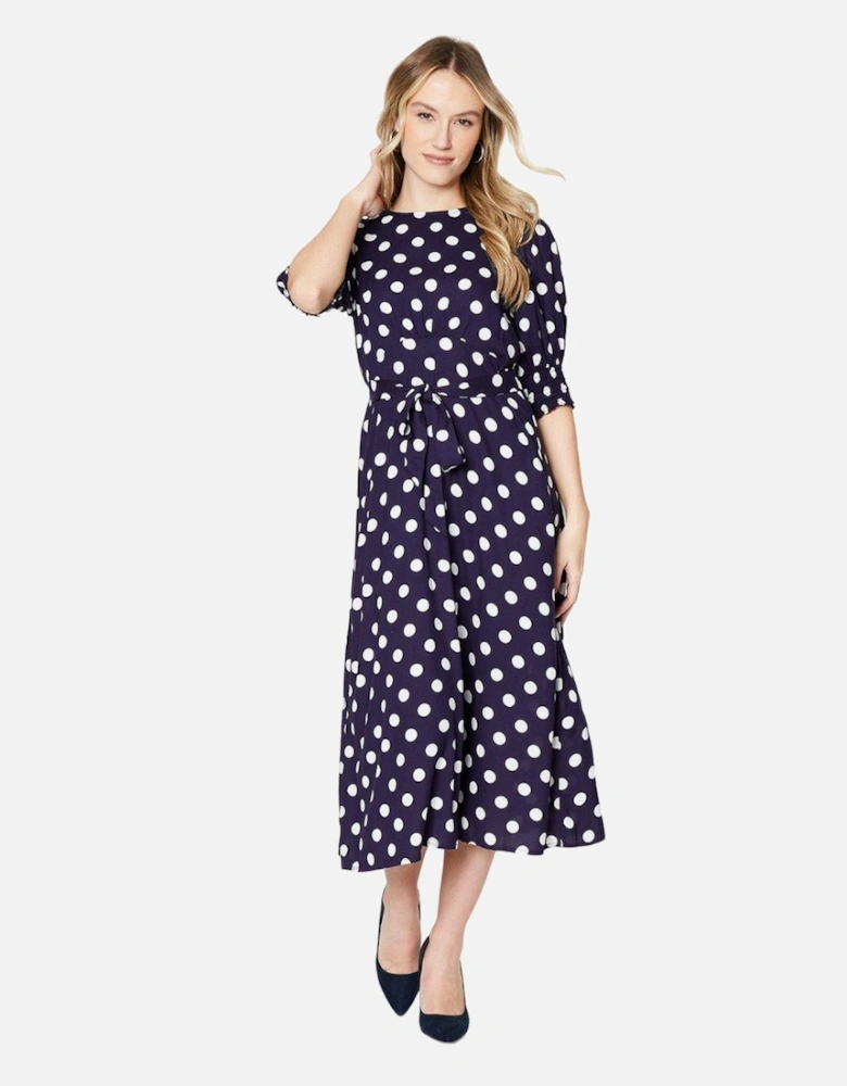 Womens/Ladies Polka Dot Shirred Cuff Midi Dress