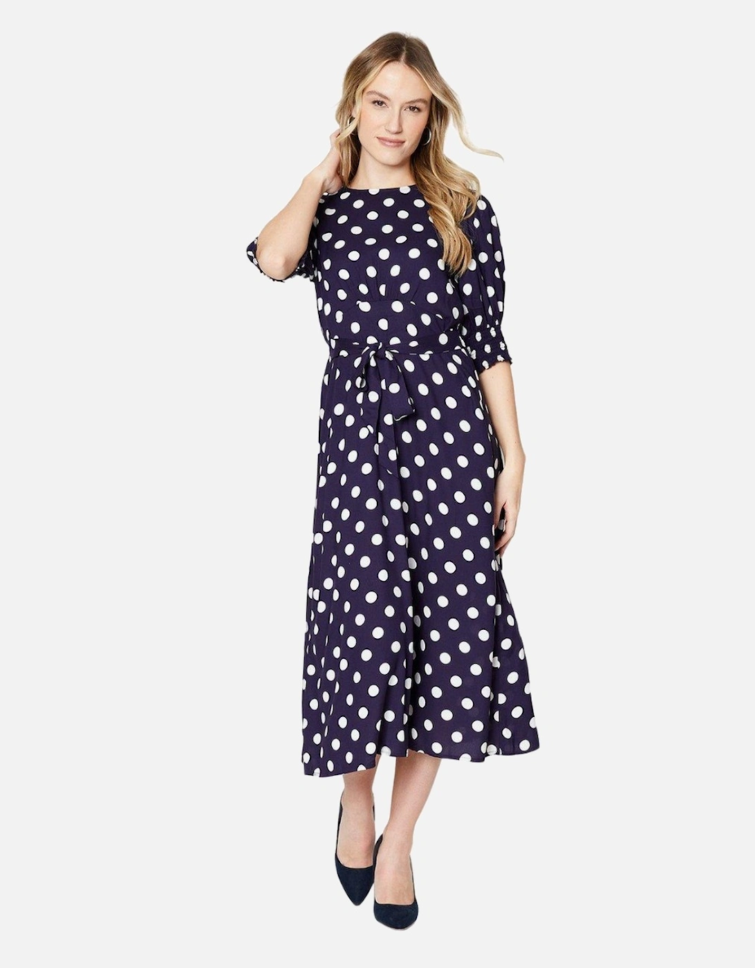 Womens/Ladies Polka Dot Shirred Cuff Midi Dress, 5 of 4