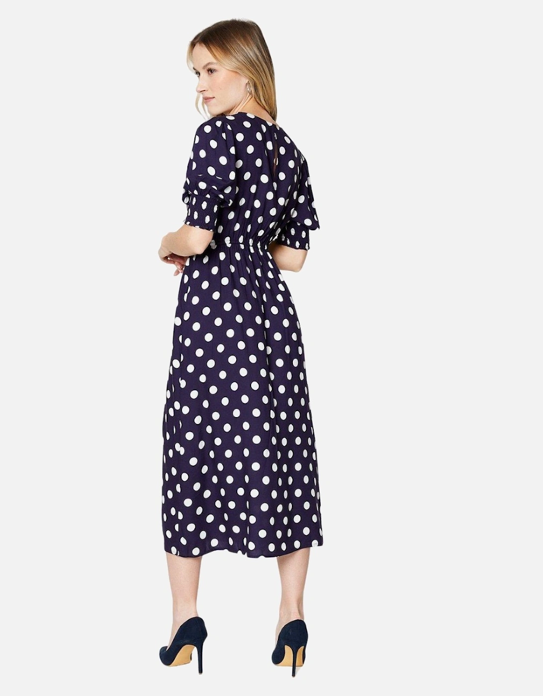 Womens/Ladies Polka Dot Shirred Cuff Midi Dress