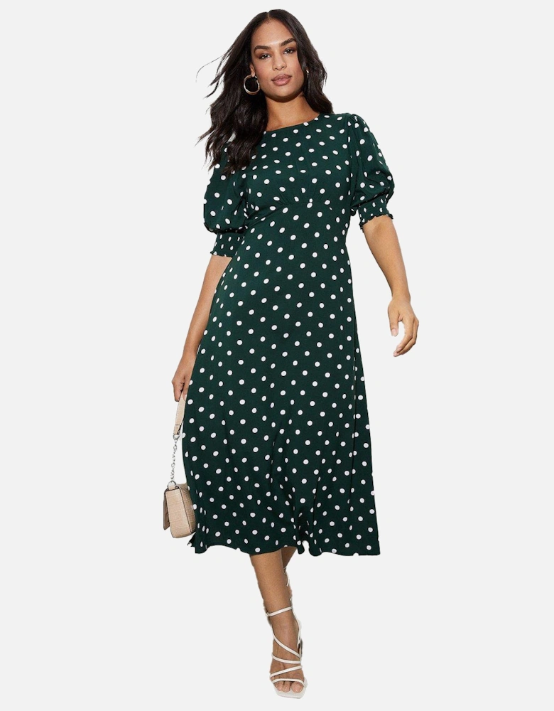 Womens/Ladies Spotted Shirred Cuff Midi Dress