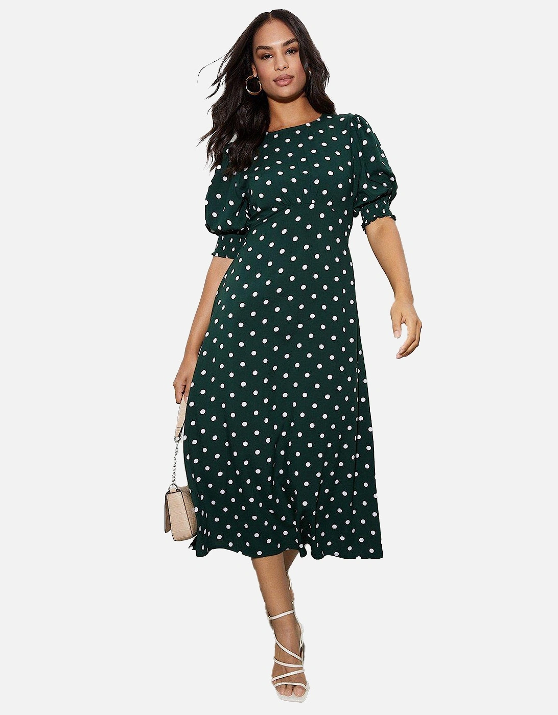 Womens/Ladies Spotted Shirred Cuff Midi Dress, 5 of 4