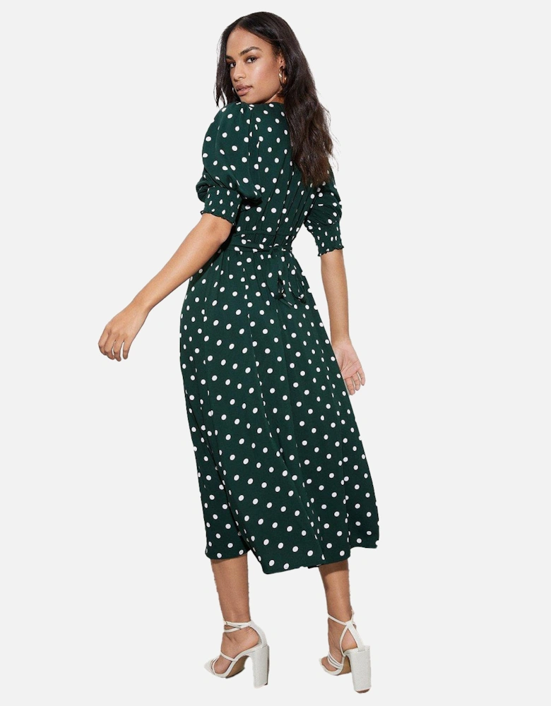 Womens/Ladies Spotted Shirred Cuff Midi Dress