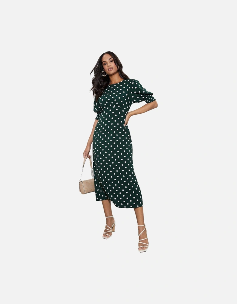 Womens/Ladies Spotted Shirred Cuff Midi Dress