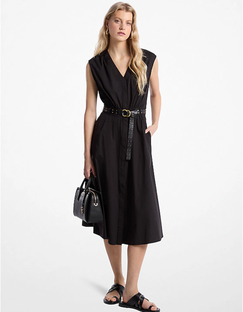 Stretch Cotton Poplin Belted Midi Dress