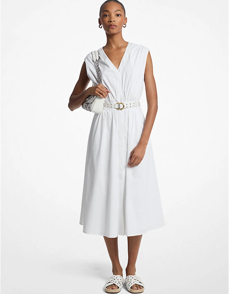 Stretch Cotton Poplin Belted Midi Dress