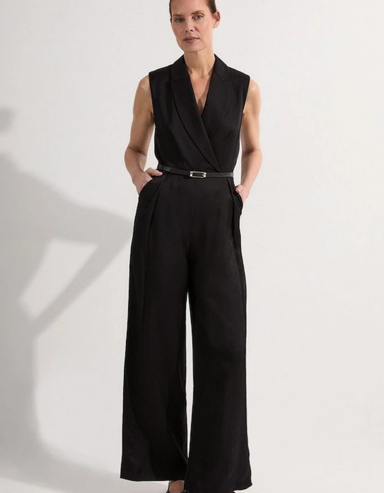 Premium Viscose Linen Tailored Belted Wide Leg Jumpsuit