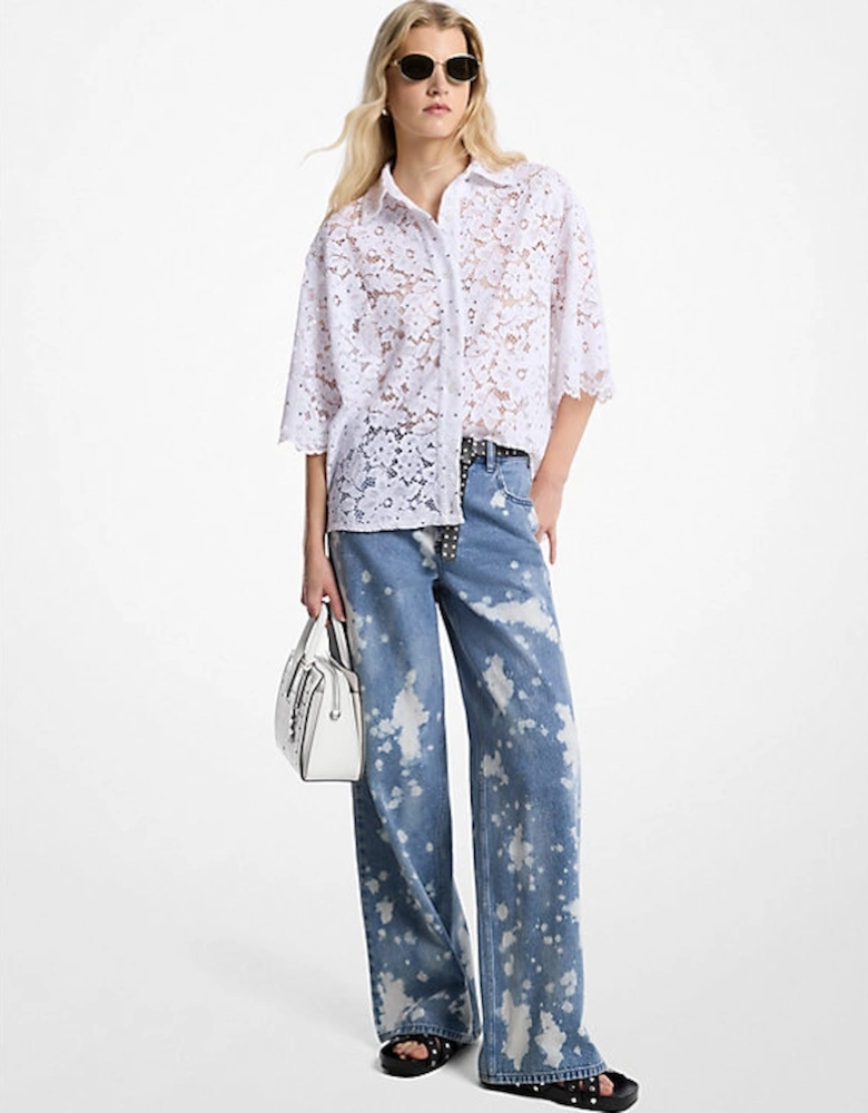 Hand-Splattered Bleach Denim Wide-Leg Jean