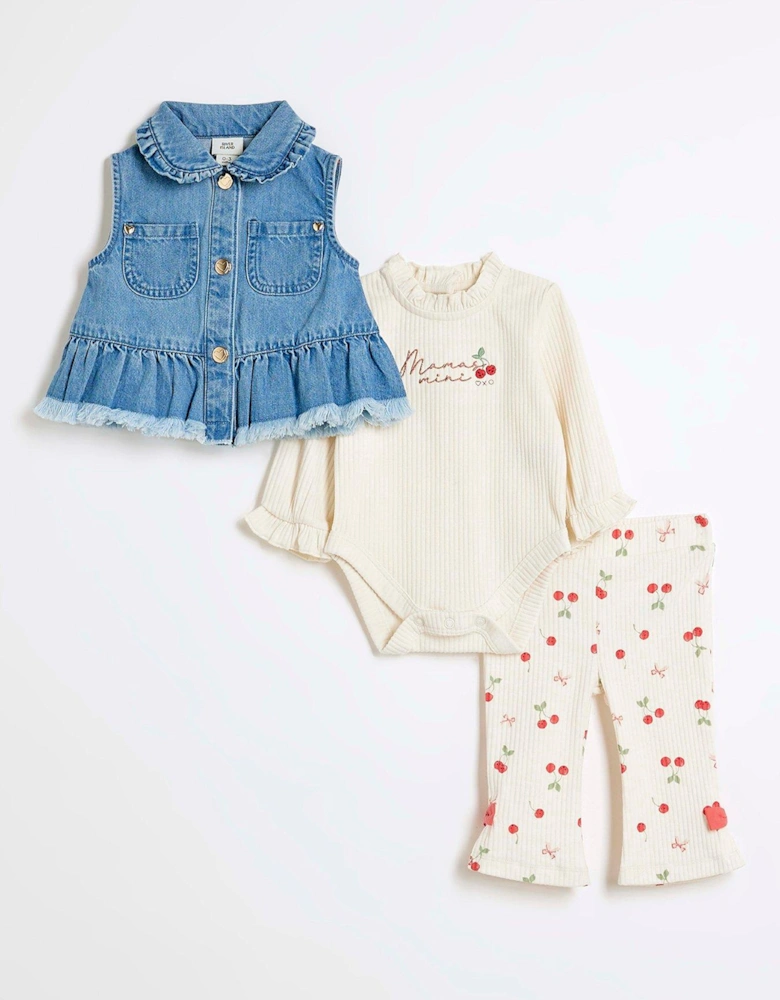 Baby Girls Denim Gilet Cherry Set - Cream