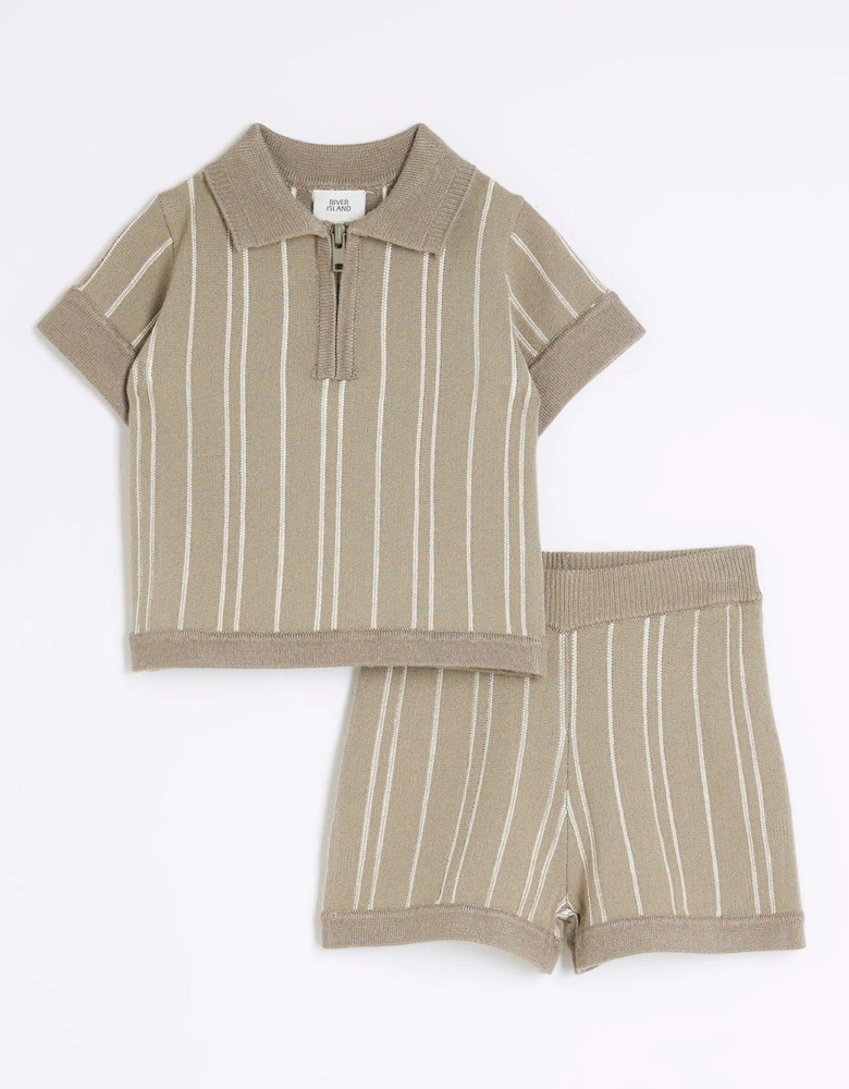 Baby Boys Knitted Stripe Polo Shirt Set - Stone