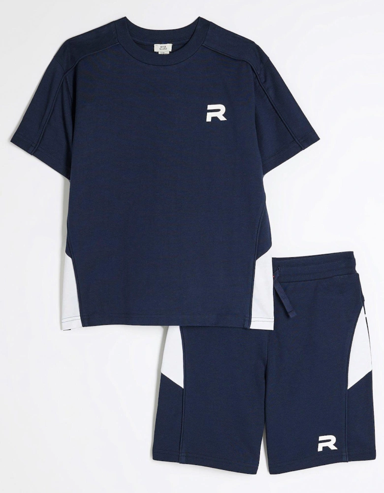 Boys Piped T-shirt And Shorts Set - Navy