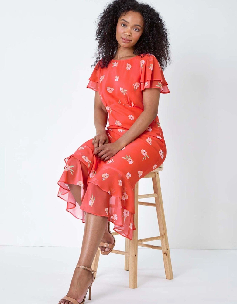 Petite Floral Chiffon Frill Tiered Midi Dress