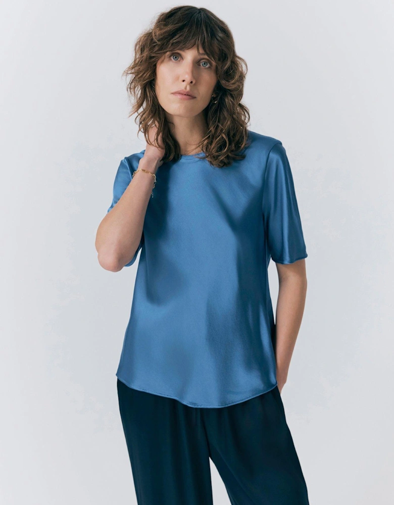 Ivy Satin Short Sleeve T-shirt Top - Blue