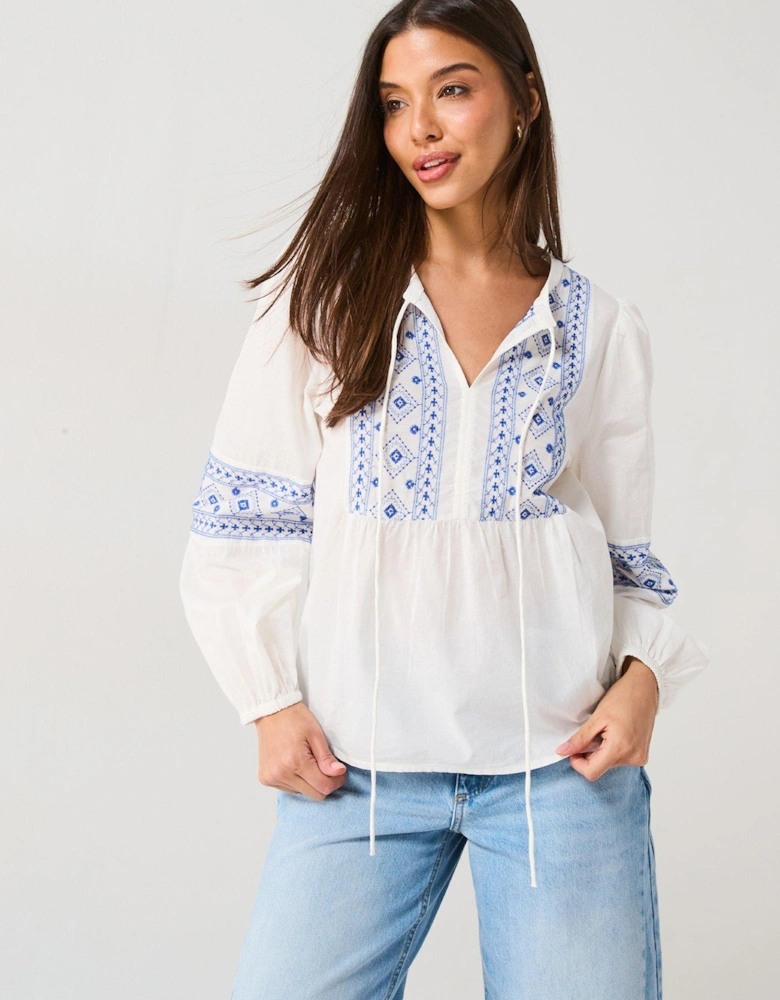 Tie Detail Embroidered Blouse - Blue/White