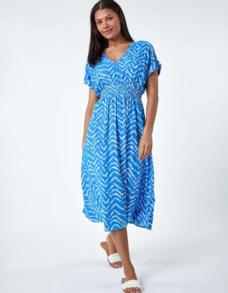 Abstract Floral Zig Zag Print Midi Dress