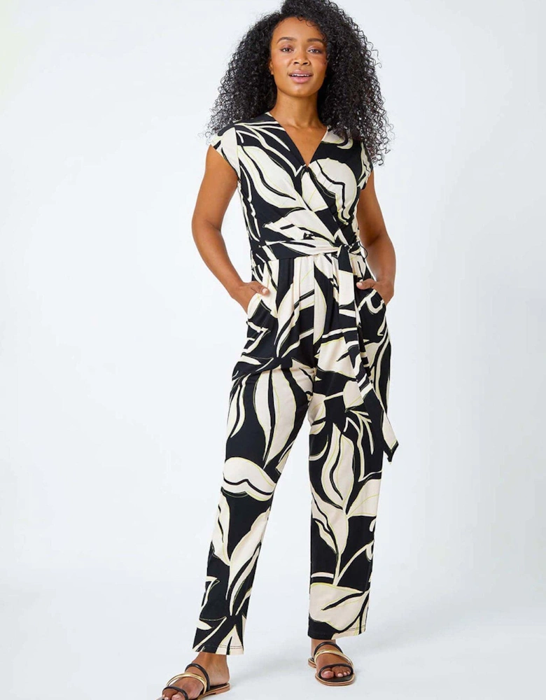 Petite Leaf Print Stretch Jumpsuit