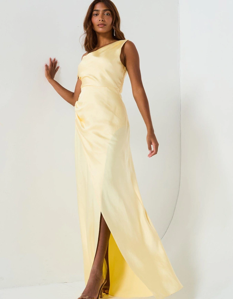 Asymmetrical Bardot Strap Satin Bridesmaid Dress - Lemon