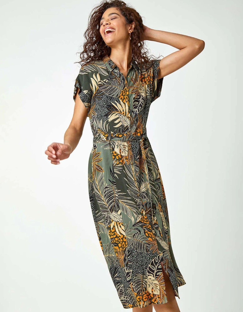 Tropical Leaf Print Shirt Dress