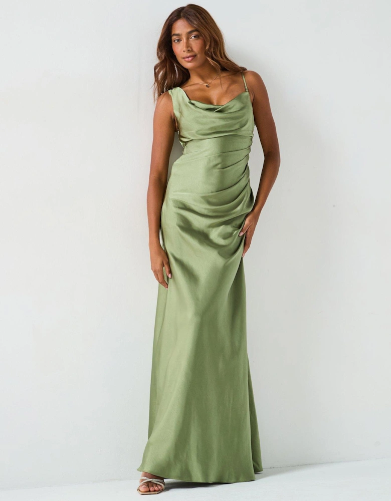 Cowl Front Asymmetrical Satin Bridesmaid Dress  - Moss