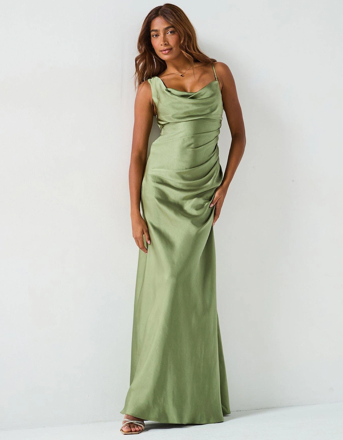 Cowl Front Asymmetrical Satin Bridesmaid Dress  - Moss, 2 of 1