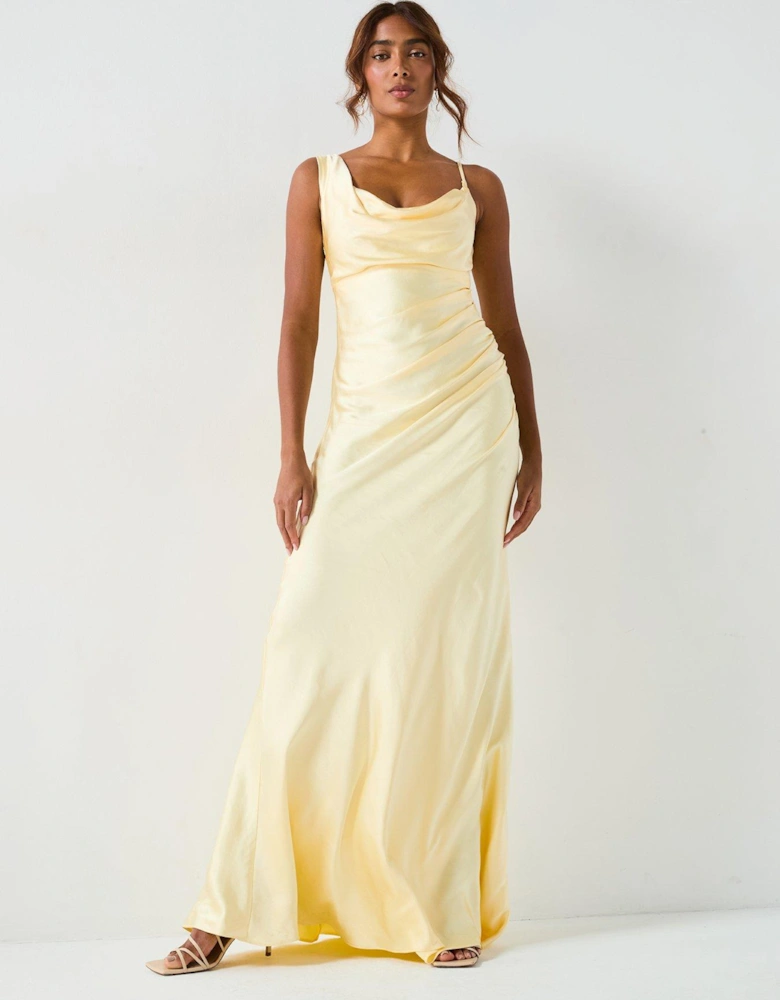 Cowl Front Asymmetrical Satin Bridesmaid Dress - Lemon