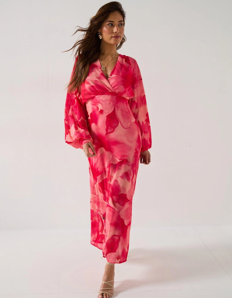 Theia Floral Batwing Sleeve Maxi Dress - Pink