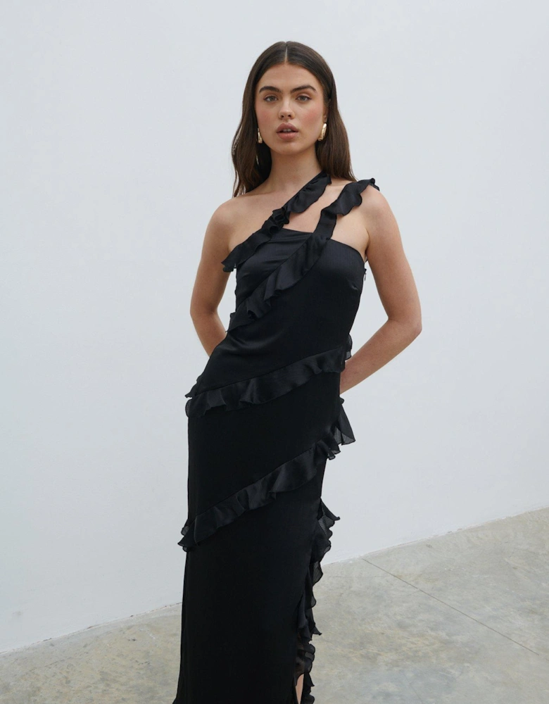 Sabina Ruffle One Shoulder Maxi Dress - Black