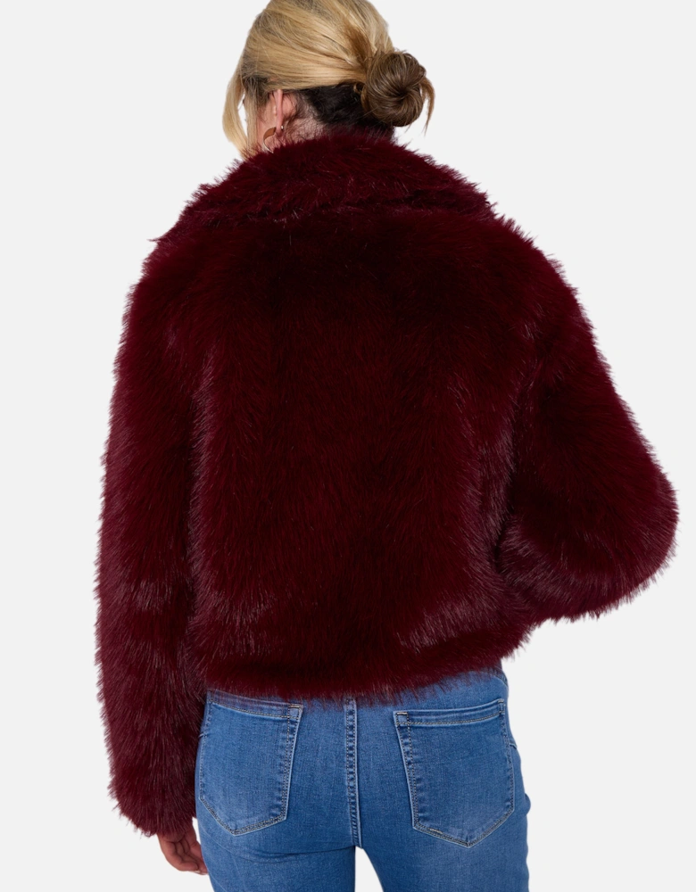 Burgundy Faux Fur Collar Detail Crop Jacket