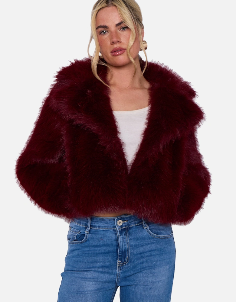 Burgundy Faux Fur Collar Detail Crop Jacket