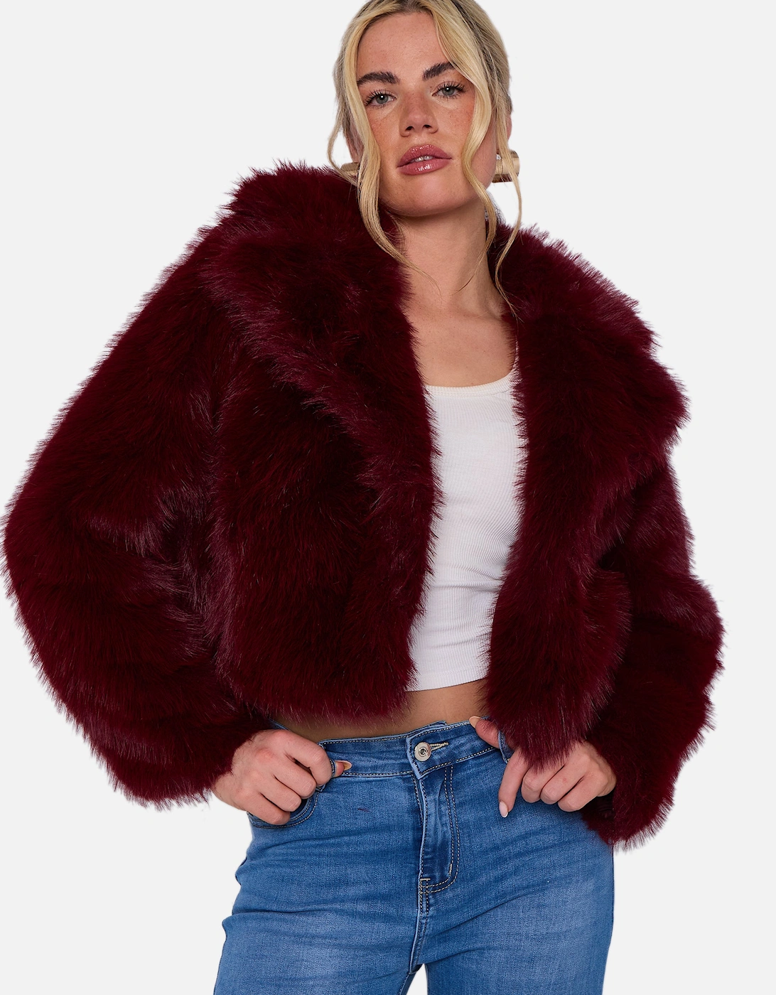 Burgundy Faux Fur Collar Detail Crop Jacket